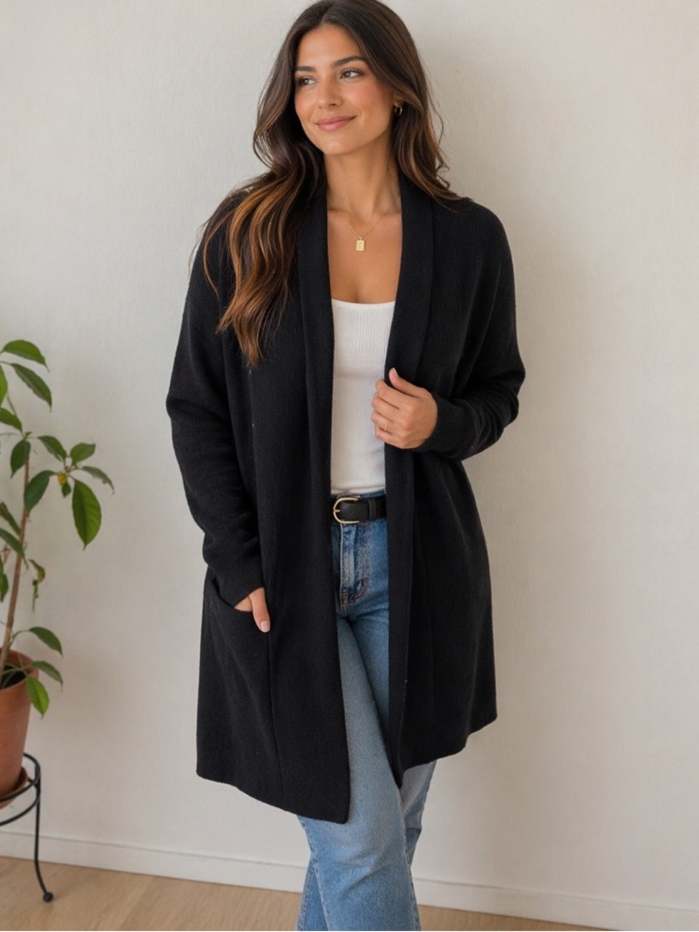 H&M Black Wool Blend Long Open Front Cardigan Sweater Cozy Layering Medium